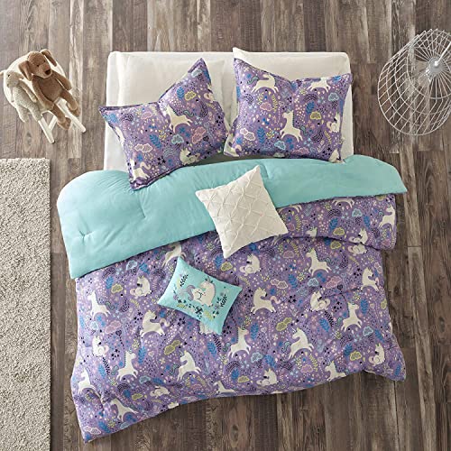 Urban Habitat Kids 100% Cotton Comforter Set-Fun Print and Vibrant Color Modern Design All Season Cozy Bedding,Matching Shams,Decorative Pillow,Twin/TwinXL,Unicorn Reversible Purple with 2dec pillows
